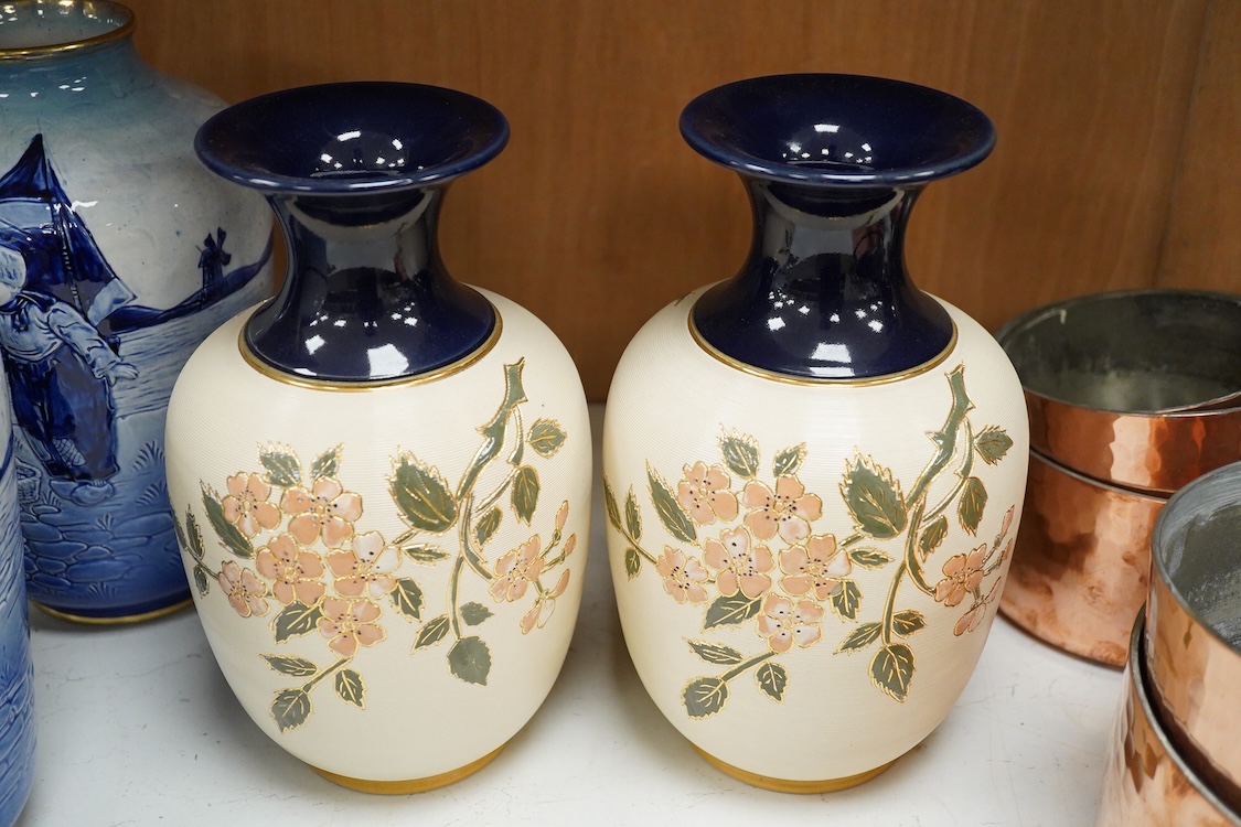 Three pairs of vases to include hexagonal Wilton ware and Delft blue and white, largest 26cm high